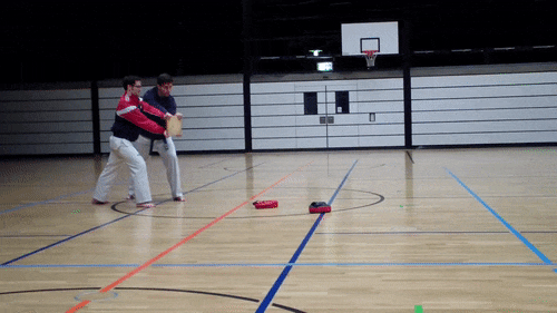 Trainer Assad durchbricht ein Brett mittels gesprungenem Seitwärts-Kick